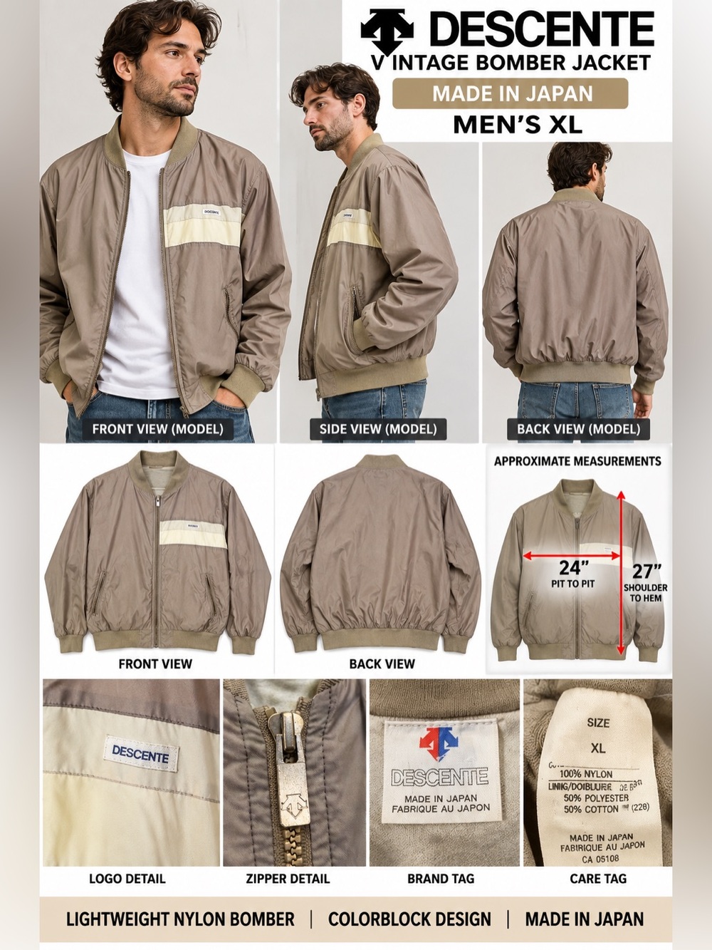 Vintage Descente Japan Men’s XL Nylon Bomber Jacket Taupe Beige Colorblock